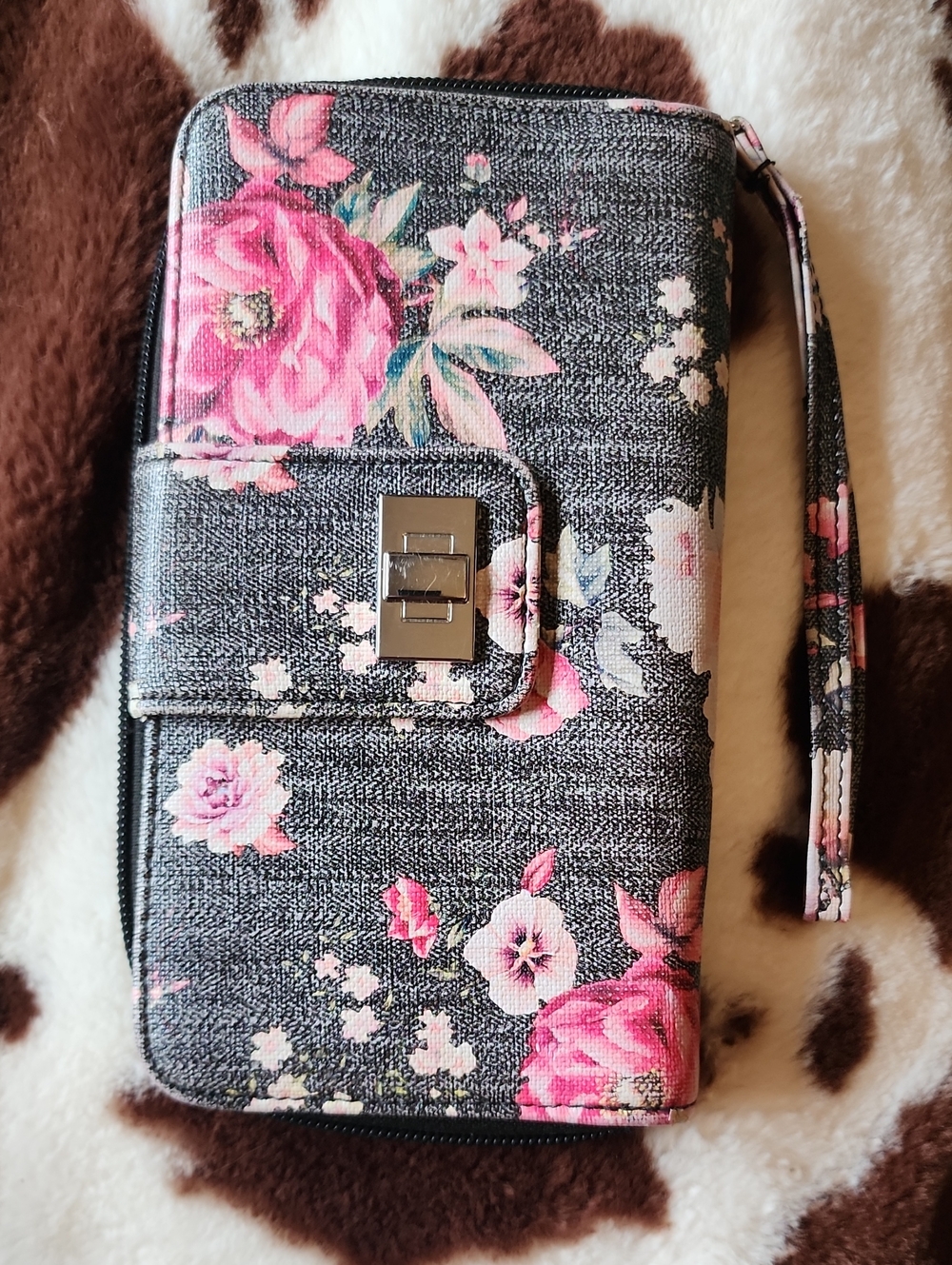 Floral Pink & Gray Phone Wallet Case with Wrist Strap